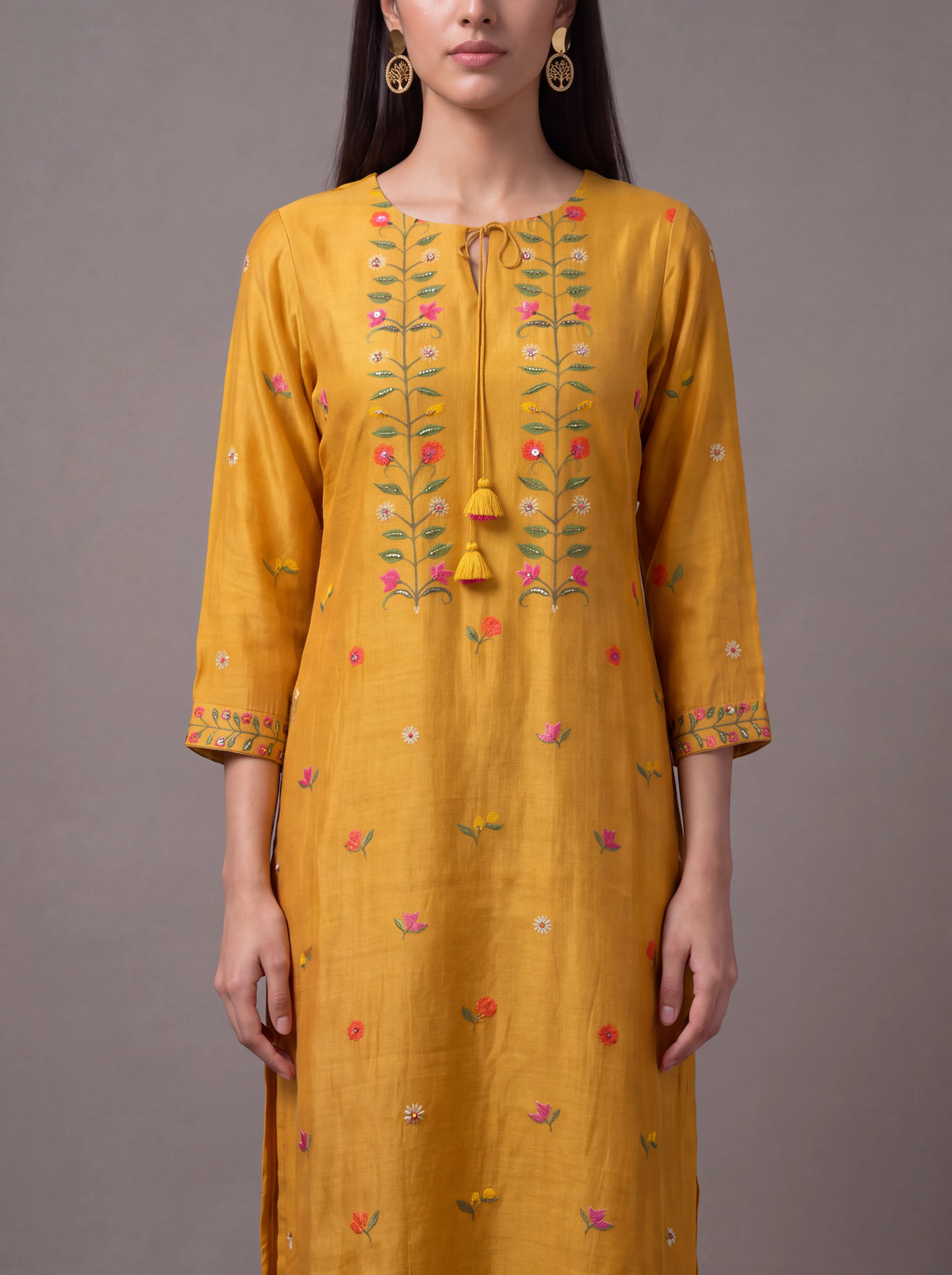 Mustard cotton silk salwar suit with sequins and thread embroidery