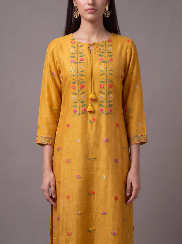 Mustard cotton silk salwar suit with sequins and thread embroidery