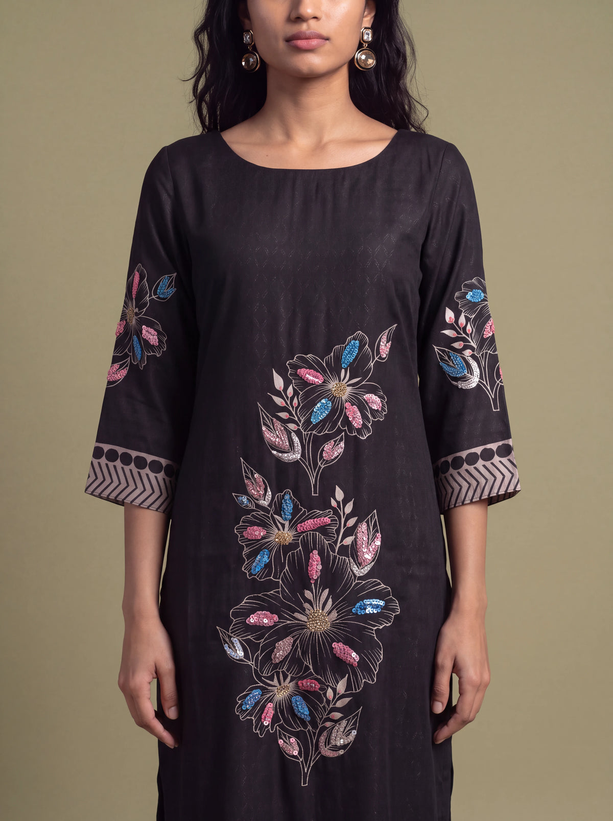 Black floral semi-tussar salwar suit with khat and French knot embroidery