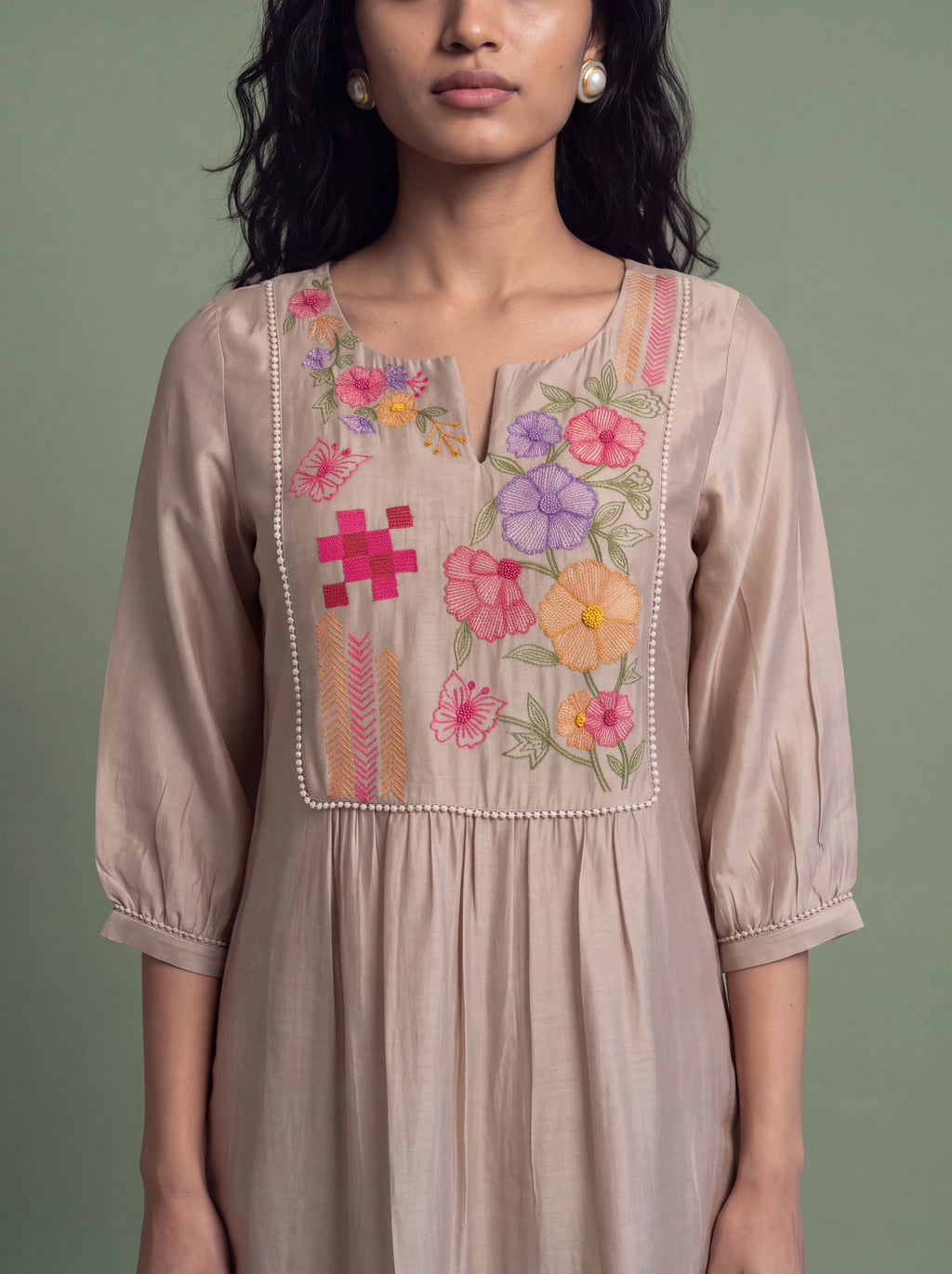 Beige chanderi salwar suit with multicolour thread and sequins work