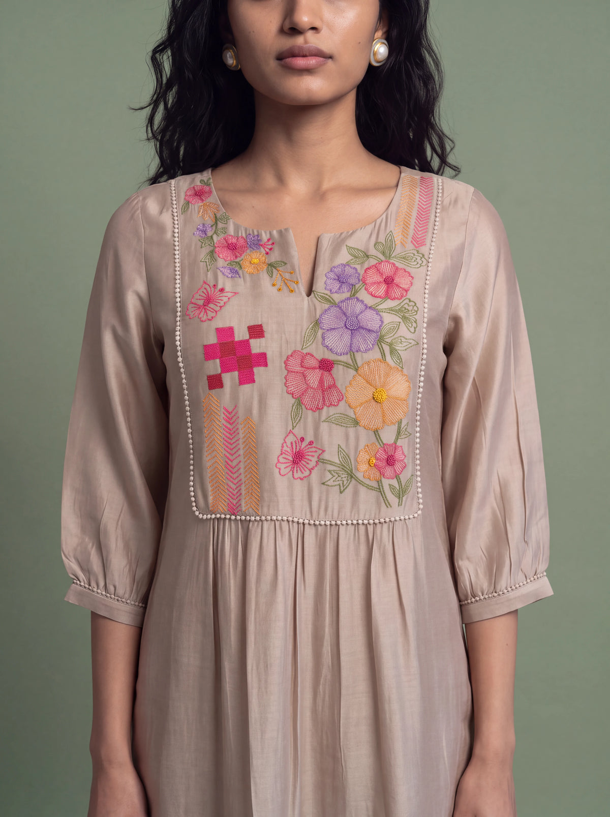 Beige chanderi salwar suit with multicolour thread and sequins work