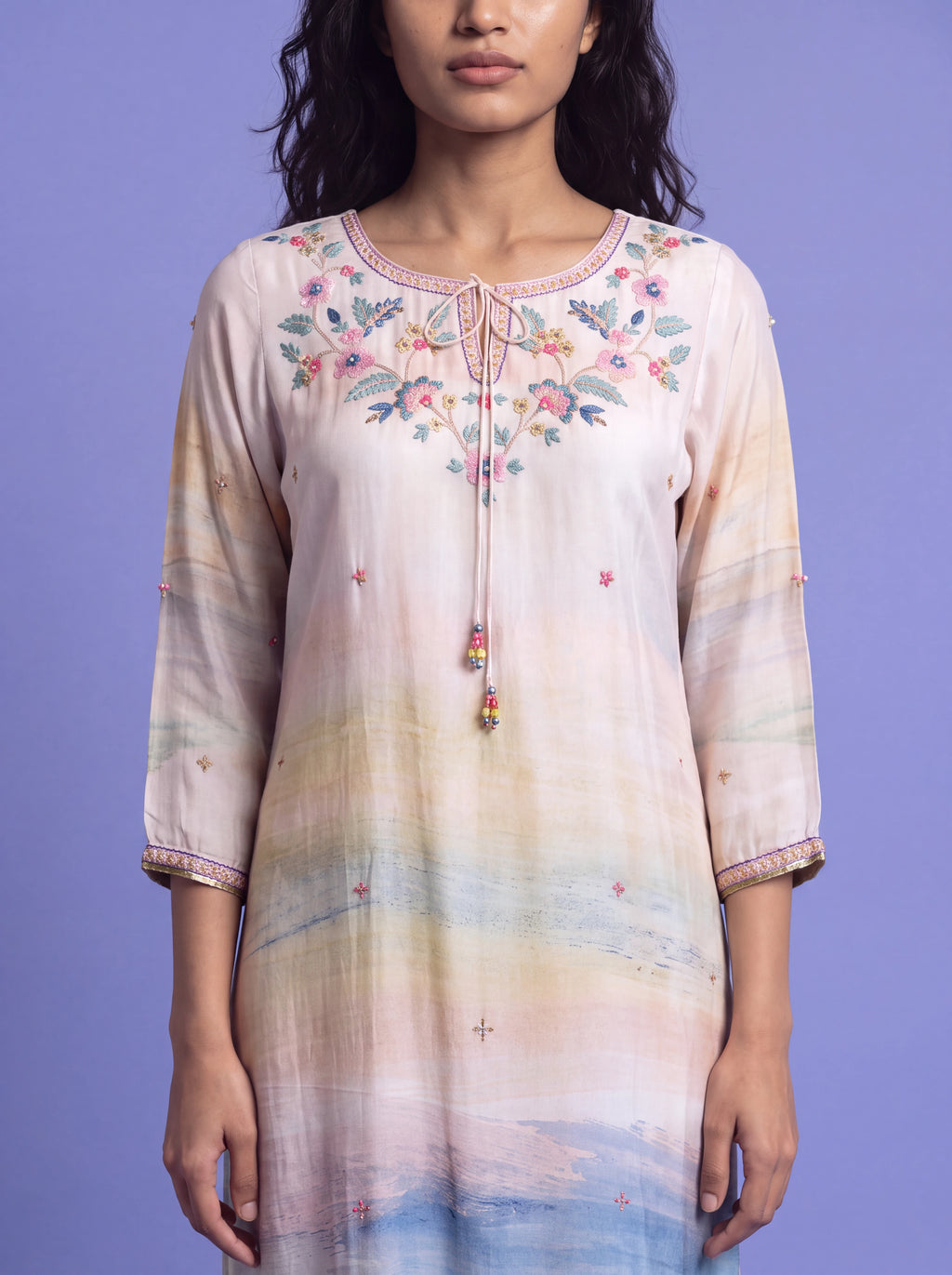 Beige semi-tussar salwar suit with floral khat and kardana embroidery