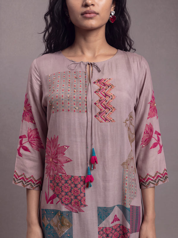 Mauve semi tussar thread and sequins embroidery salwar suit