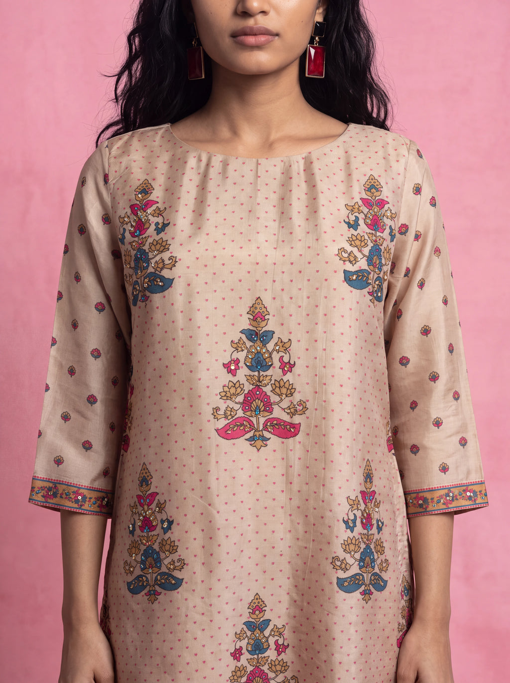 Beige semi tussar hand embroidery and printed salwar suit