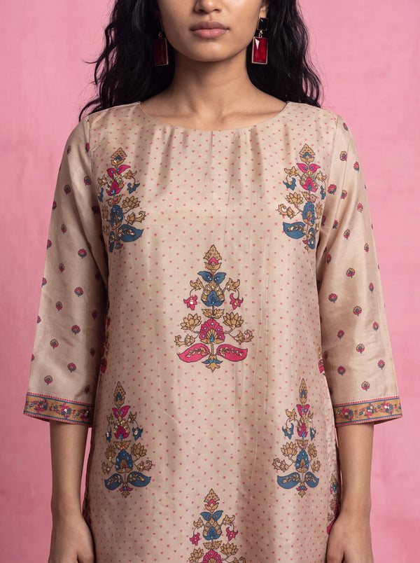 Beige semi tussar hand embroidery and printed salwar suit