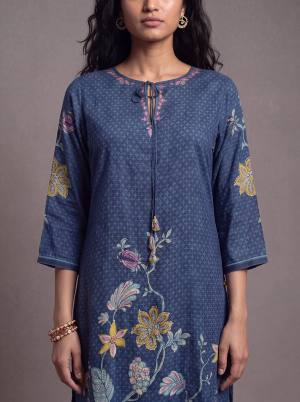 Navy blue semi tussar suit with patch work embroidery