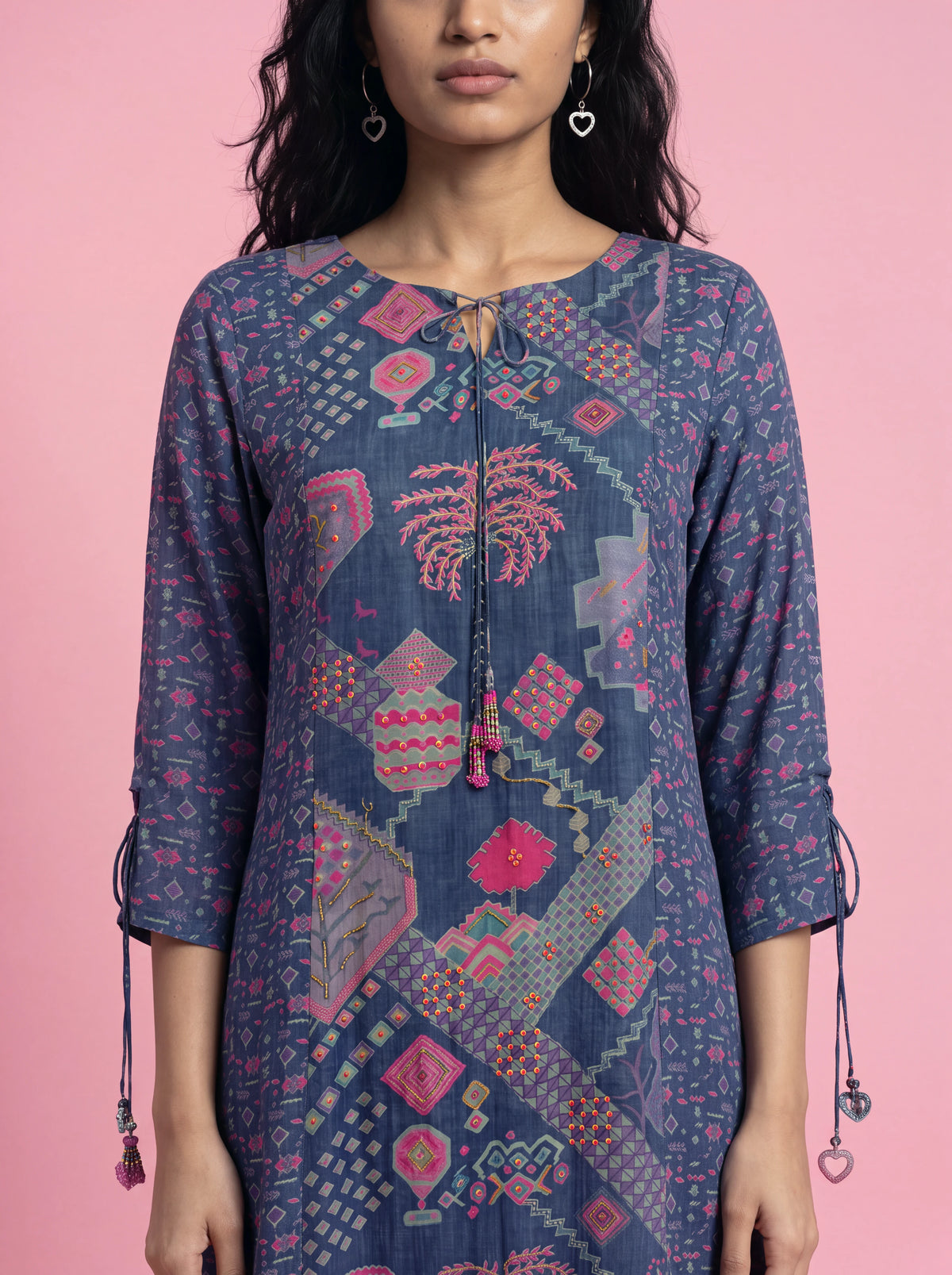 Blue cotton-silk kurta set with khat and kardana embroidery