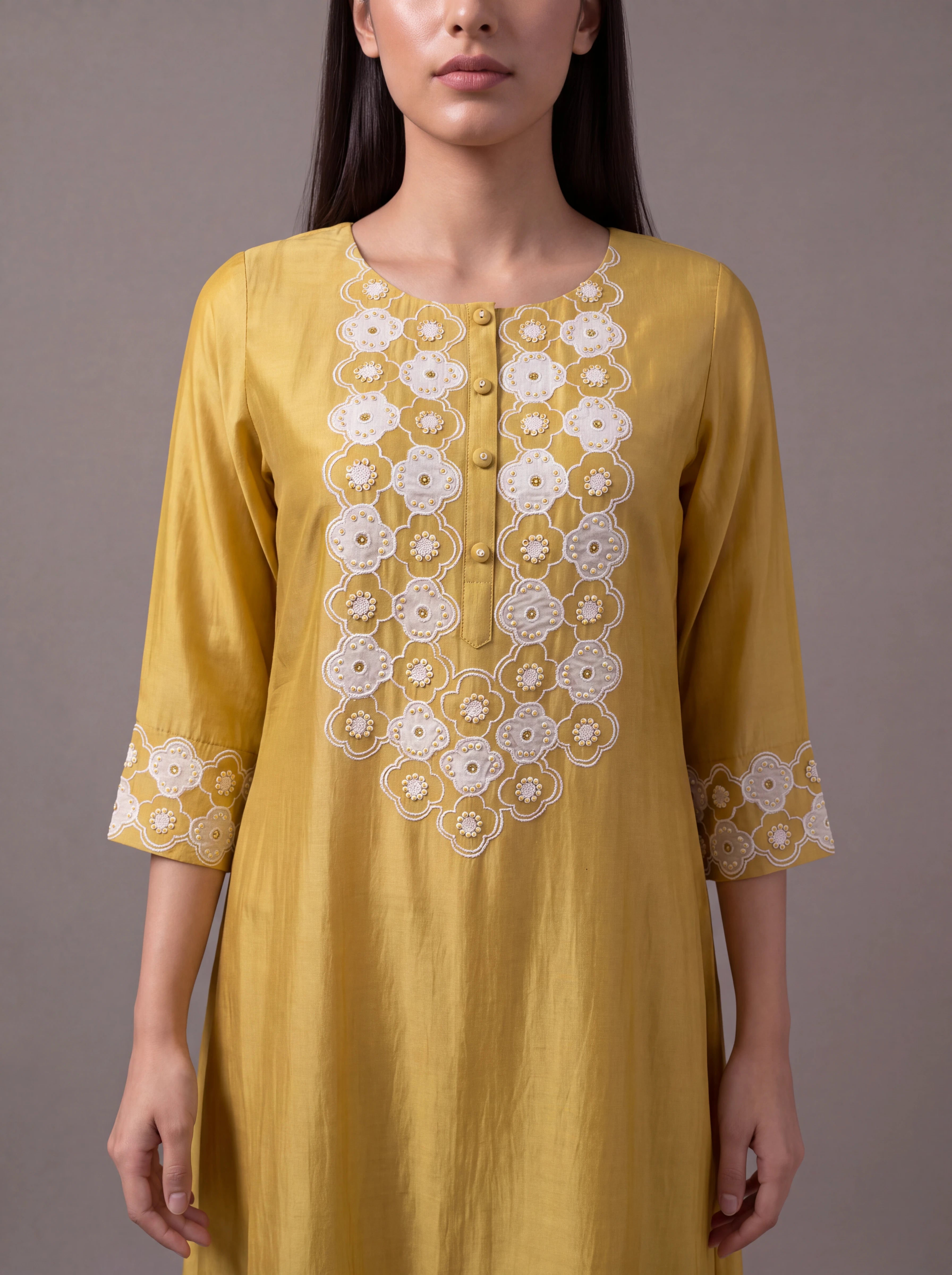 Mustard chanderi kurta set with floral patchwork and khat embroidery Secondary image