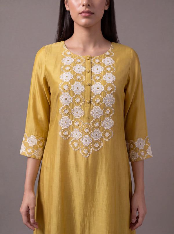 Mustard chanderi kurta set with floral patchwork and khat embroidery