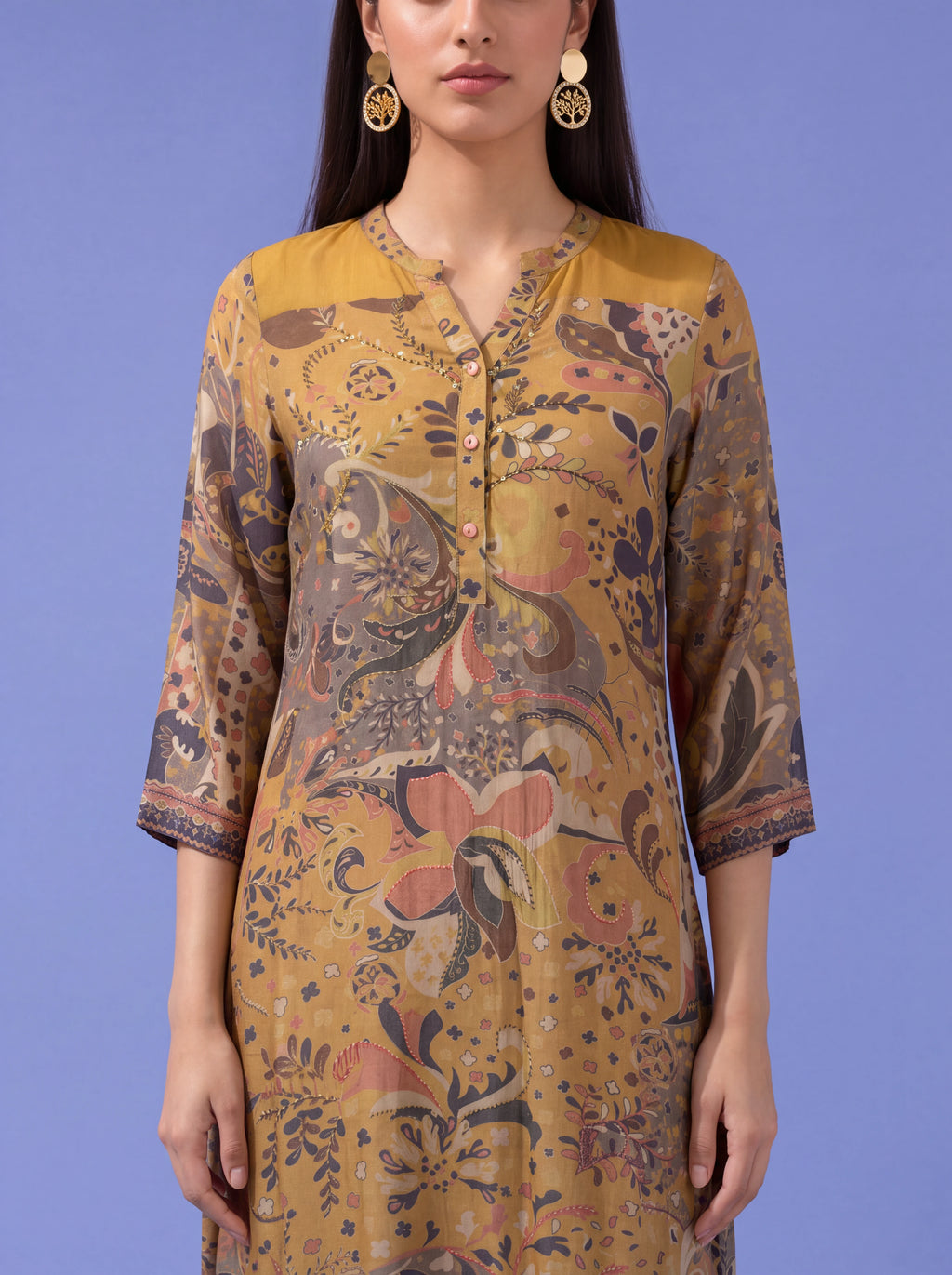 Mustard cotton silk salwar suit with sequins and thread embroidery