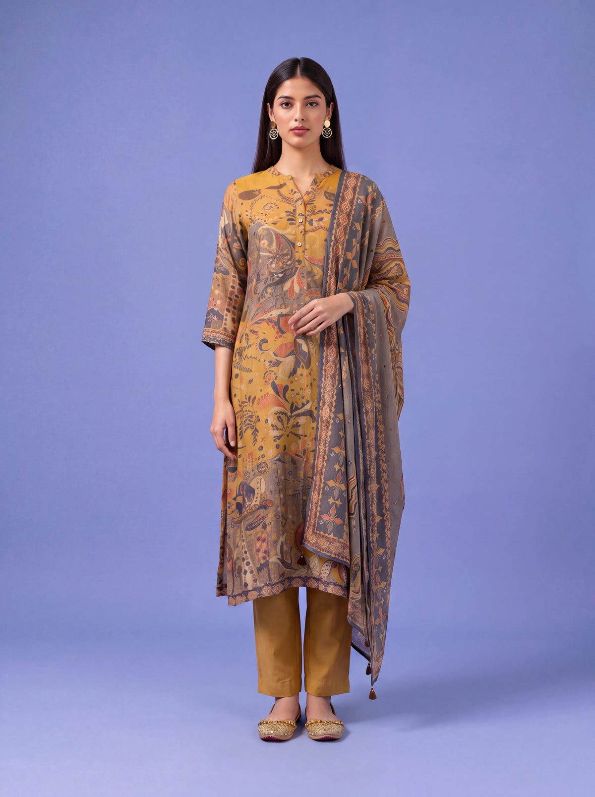 Mustard cotton silk salwar suit with sequins and thread embroidery Main image