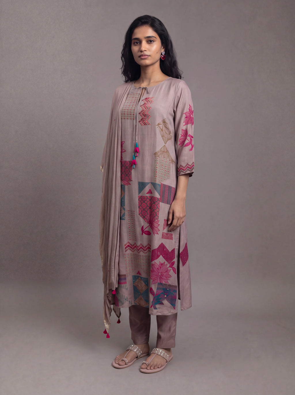 Mauve semi tussar thread and sequins embroidery salwar suit
