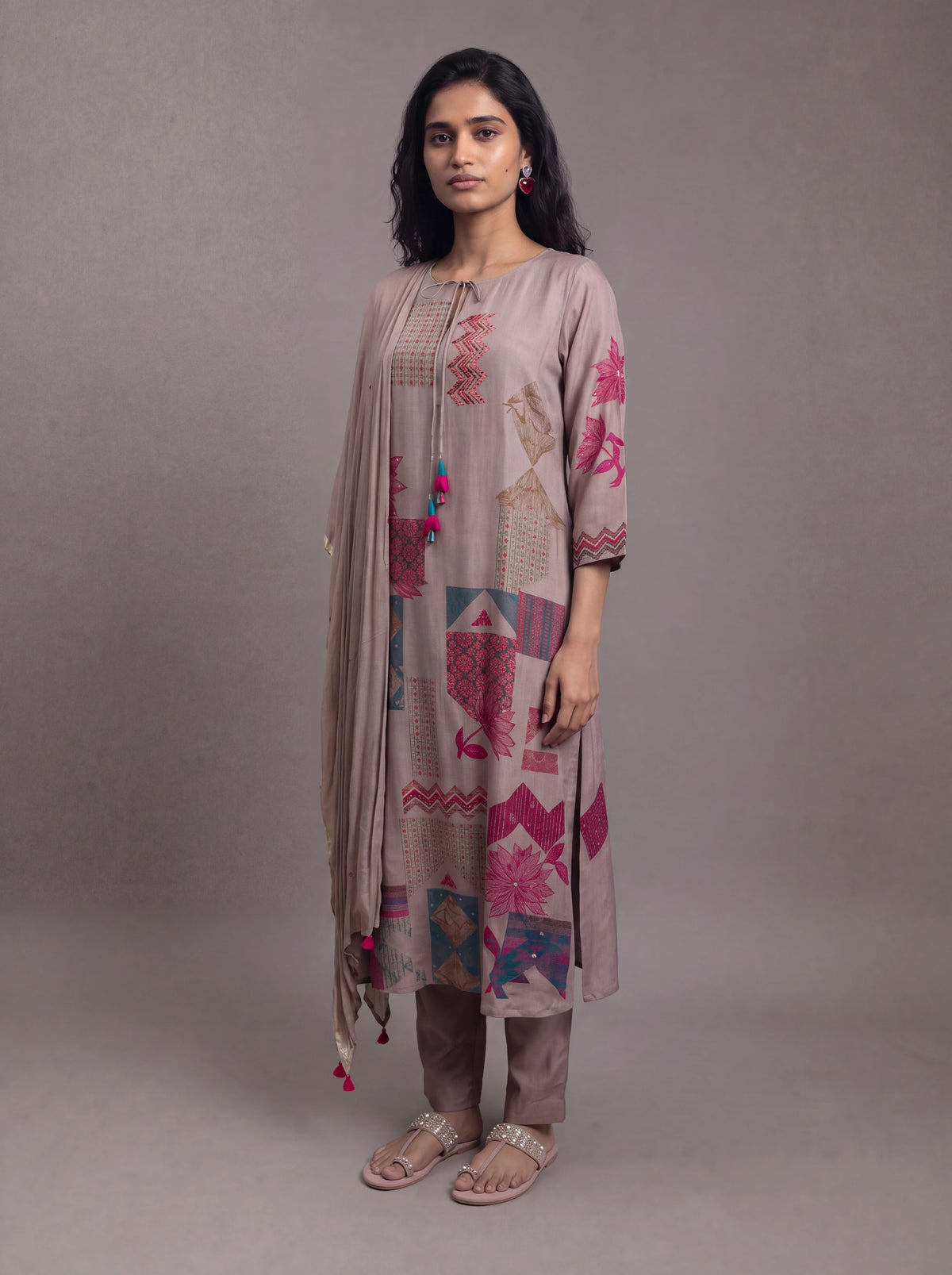 Mauve semi tussar thread and sequins embroidery salwar suit Main image
