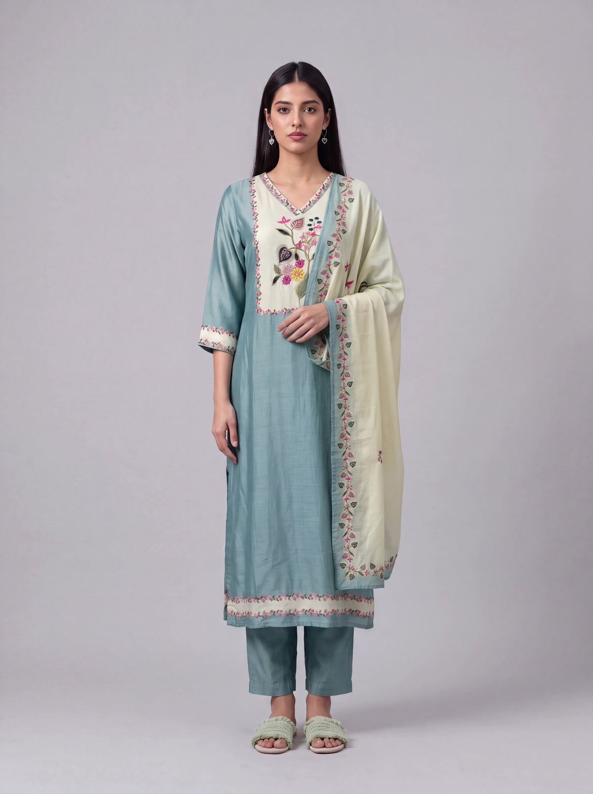 Mint tussar salwar suit with kardana embroidery