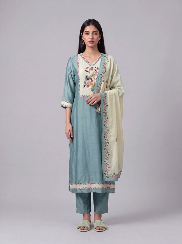 Mint tussar salwar suit with kardana embroidery