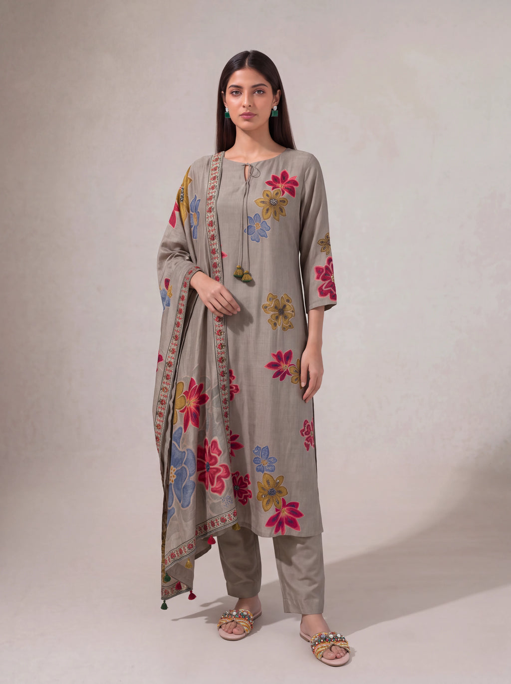 Beige semi tussar salwar suit with hand sequins embroidery