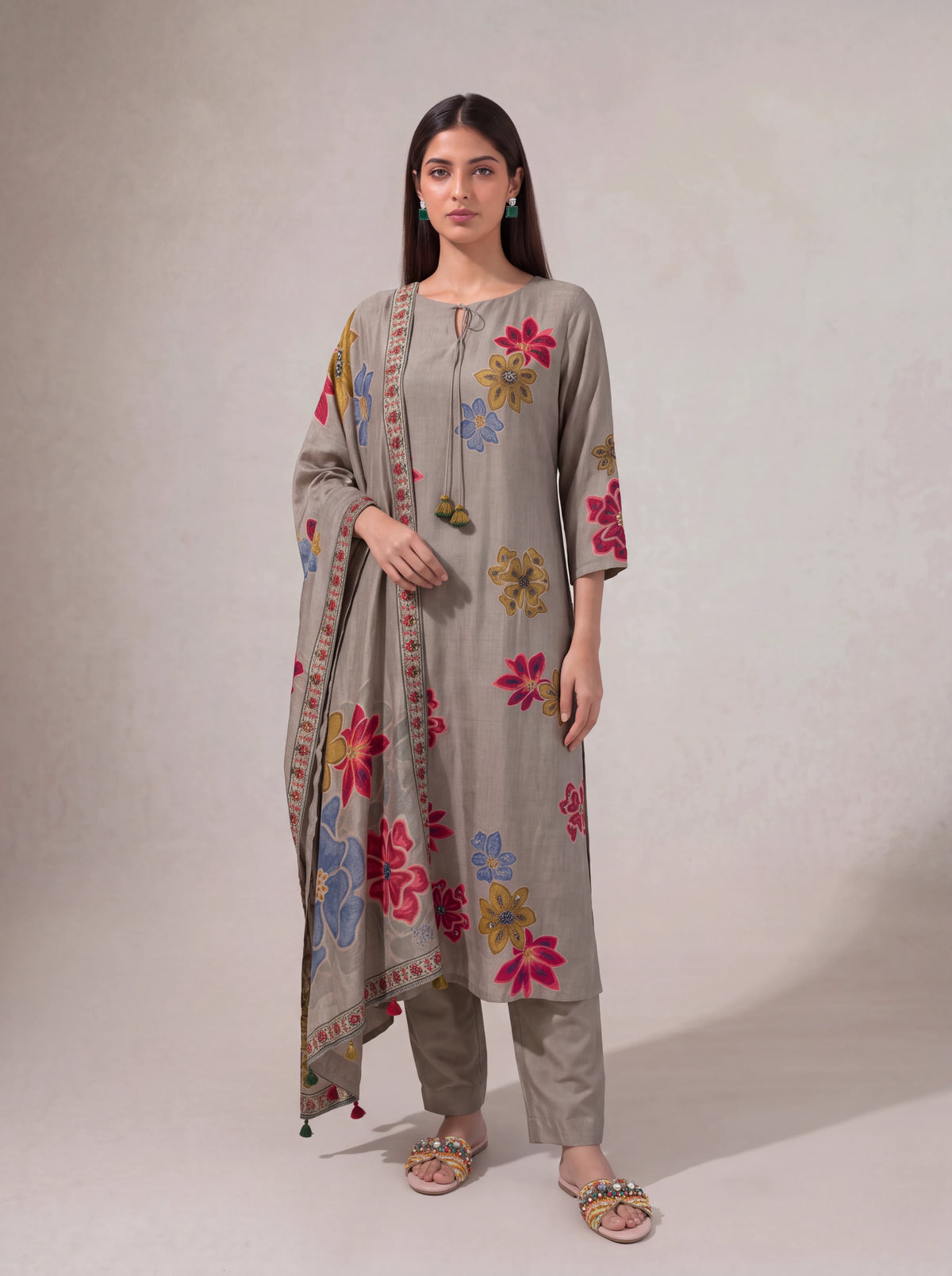 Beige semi tussar salwar suit with hand sequins embroidery Main image