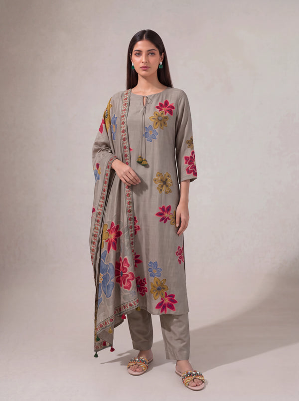 Beige semi tussar salwar suit with hand sequins embroidery