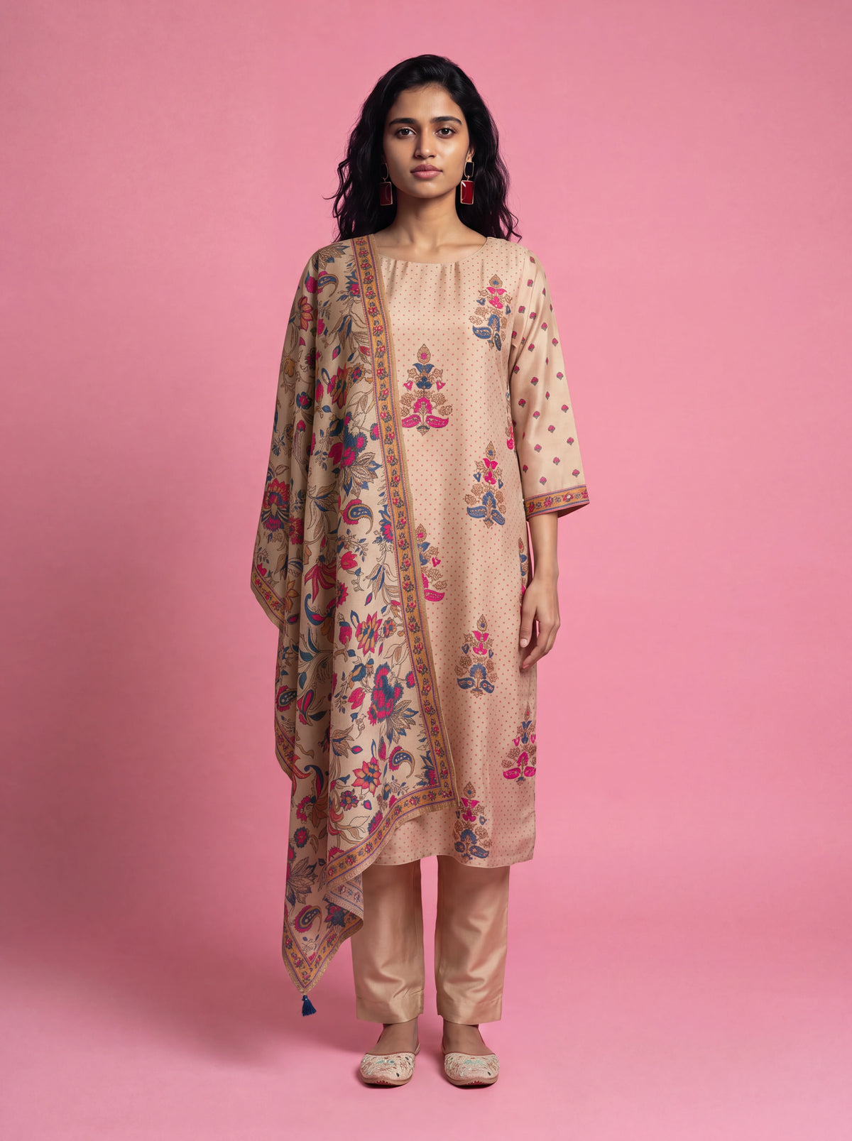 Beige semi tussar hand embroidery and printed salwar suit