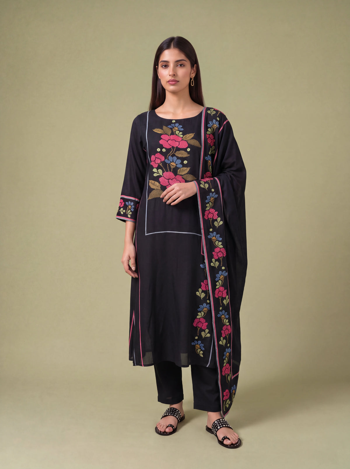Black semi tussar hand embroidery salwar suit