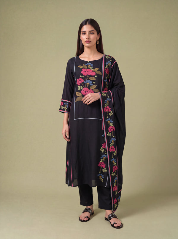 Black semi tussar hand embroidery salwar suit