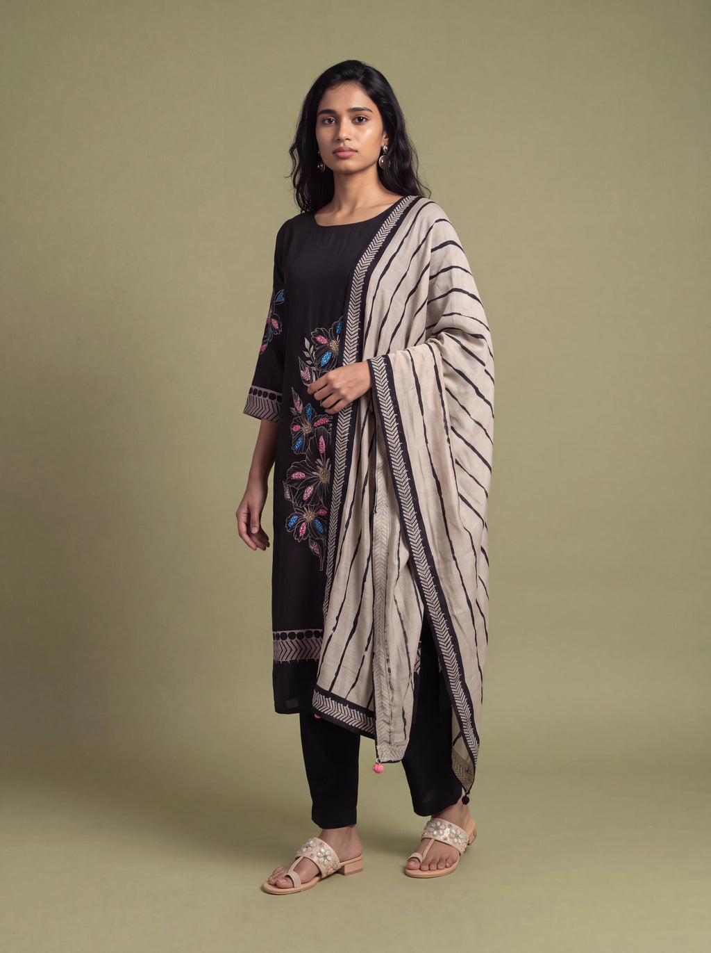 Black floral semi-tussar salwar suit with khat and French knot embroidery