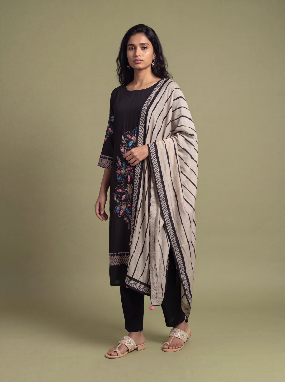 Black floral semi-tussar salwar suit with khat and French knot embroidery
