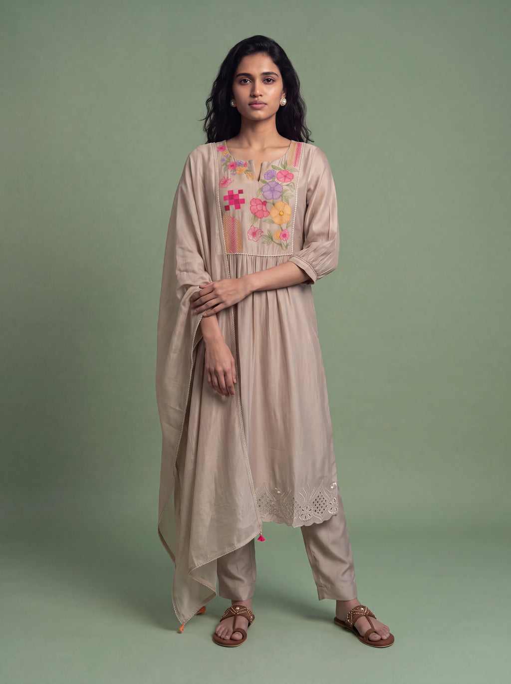 Beige chanderi salwar suit with multicolour thread and sequins work