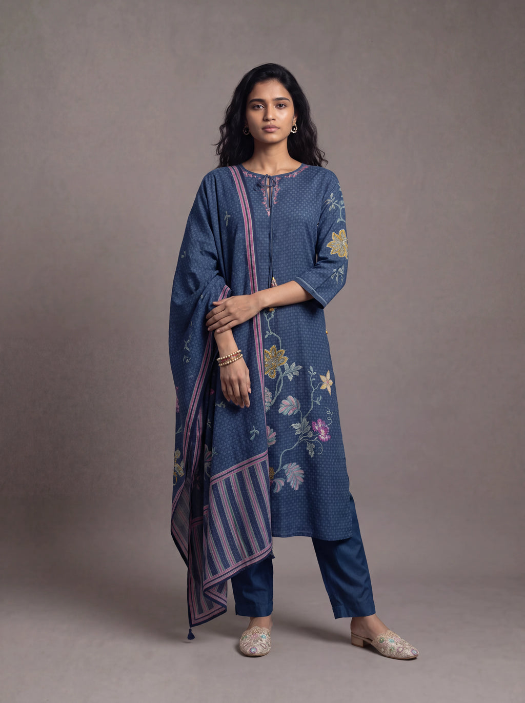 Navy blue semi tussar suit with patch work embroidery