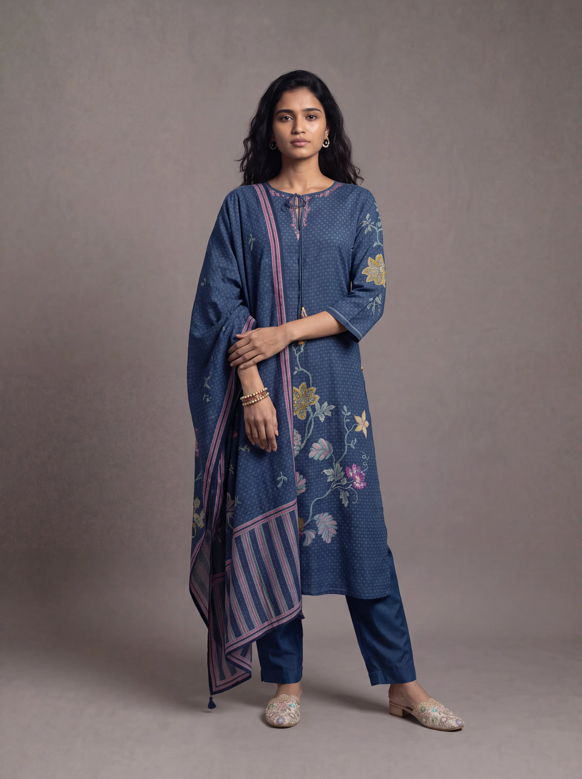 Navy blue semi tussar suit with patch work embroidery