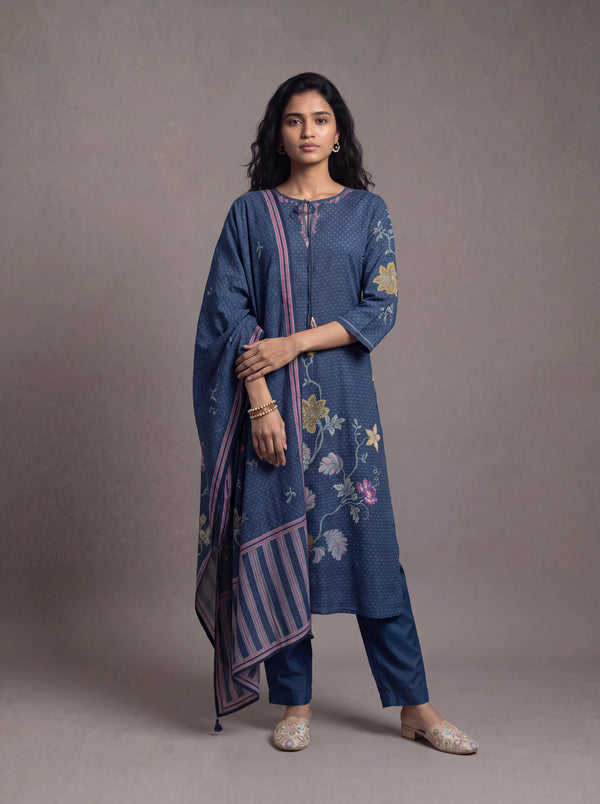 Navy blue semi tussar suit with patch work embroidery