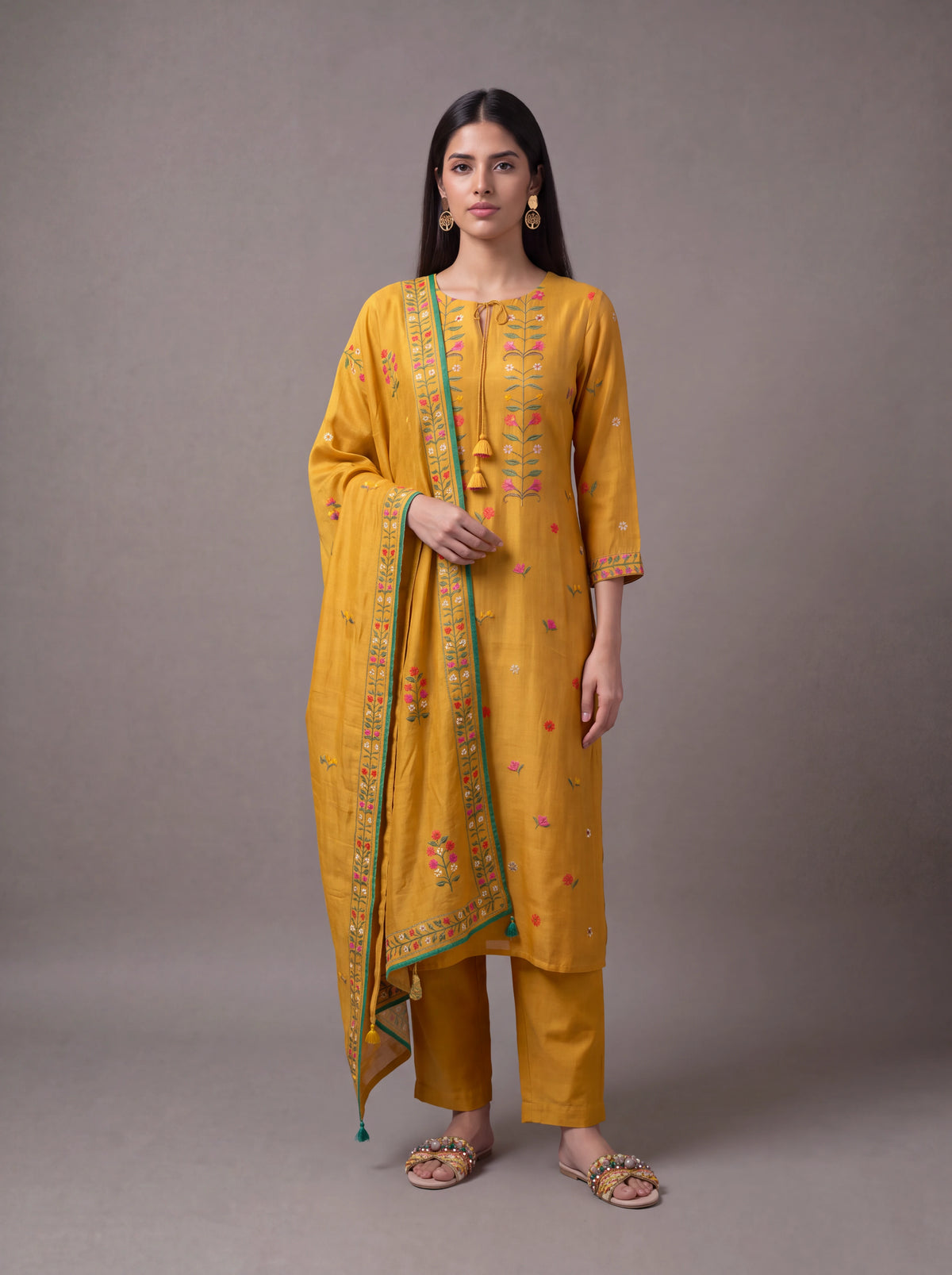 Mustard cotton silk salwar suit with sequins and thread embroidery Main image