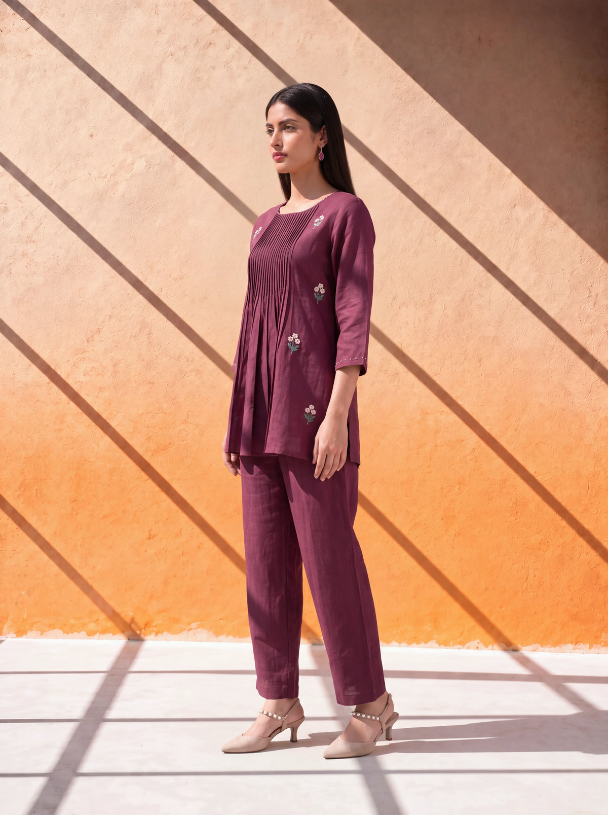 Wine linen coordinate set with khat, French knot and hand embroidery