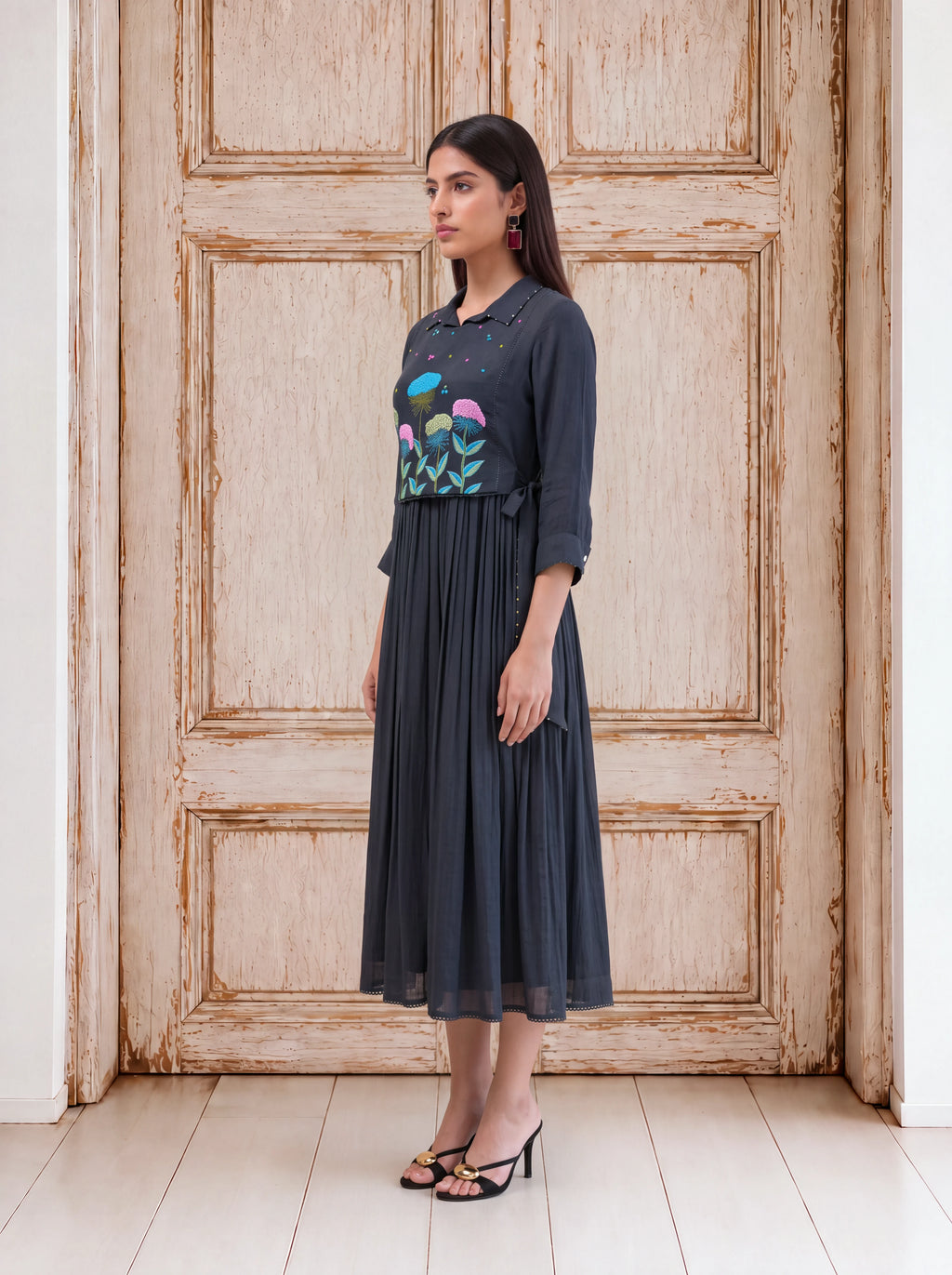 Black viscose khat-embroidered layered coat-style fusion dress