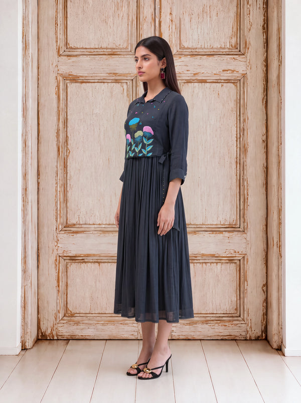 Black viscose khat-embroidered layered coat-style fusion dress