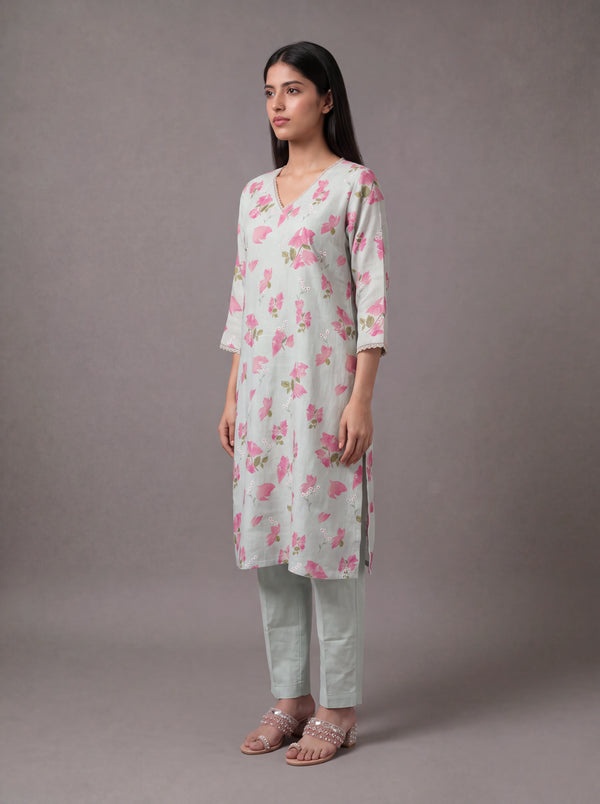 Mint linen thread embroidery kurta set