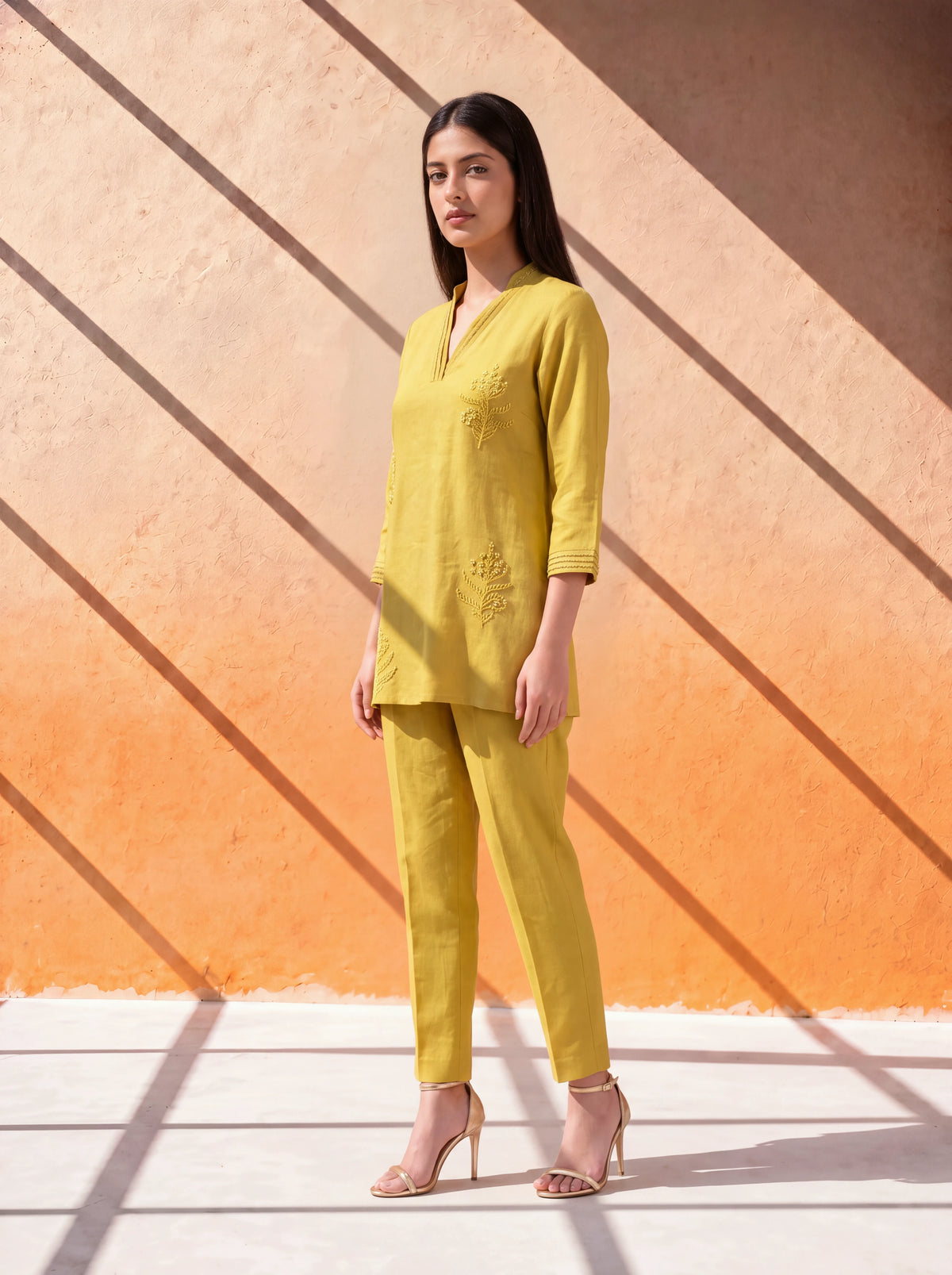 Mustard pure linen coordinate set with French knot embroidery and handwork