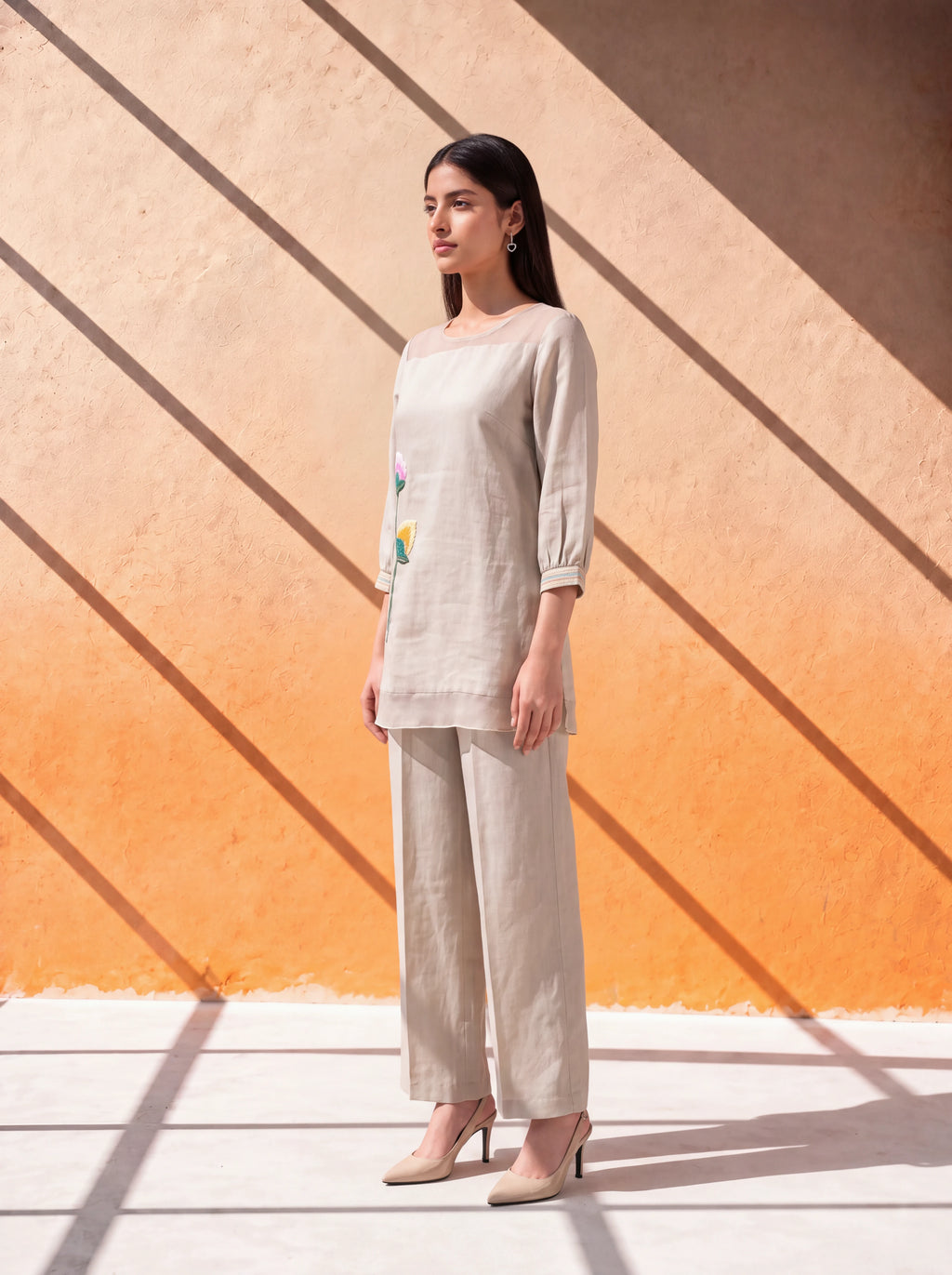 Natural beige linen coordinate set with floral embroidery and organza detailing