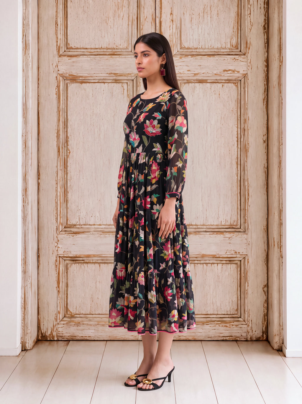 Black georgette floral khat-embroidered tiered fusion dress