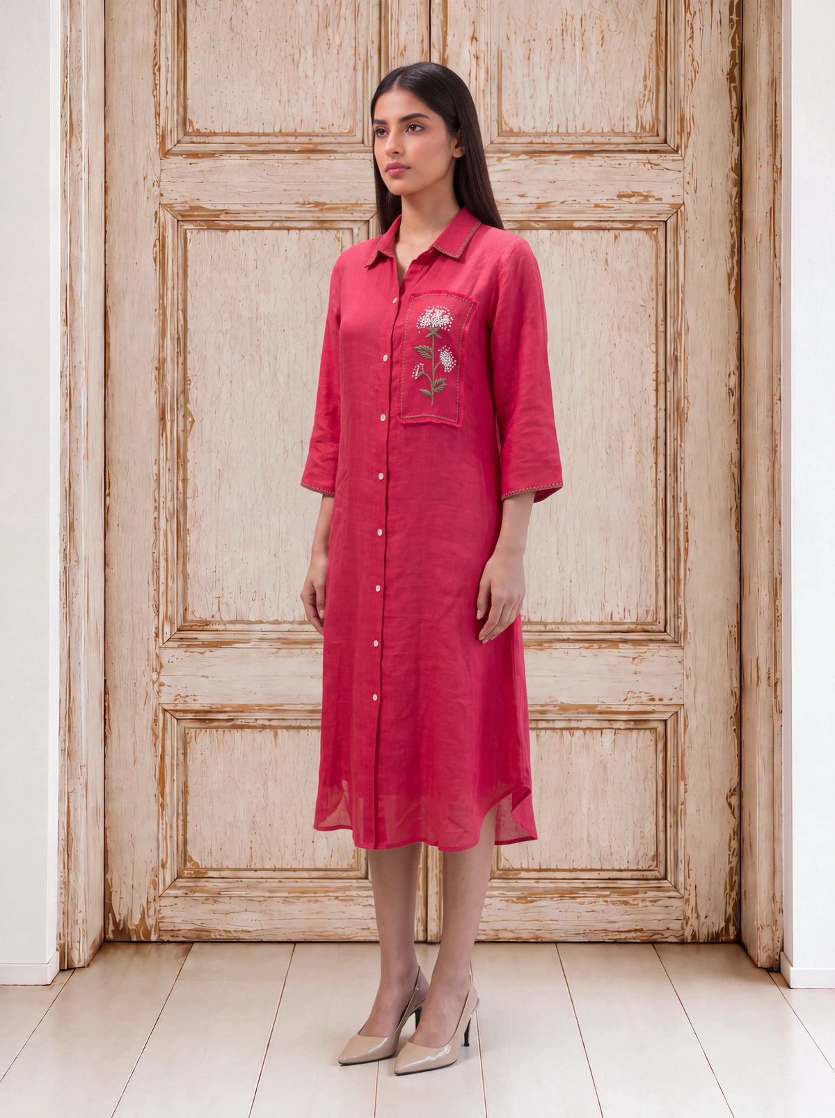Red linen patchwork khat-embroidered dress