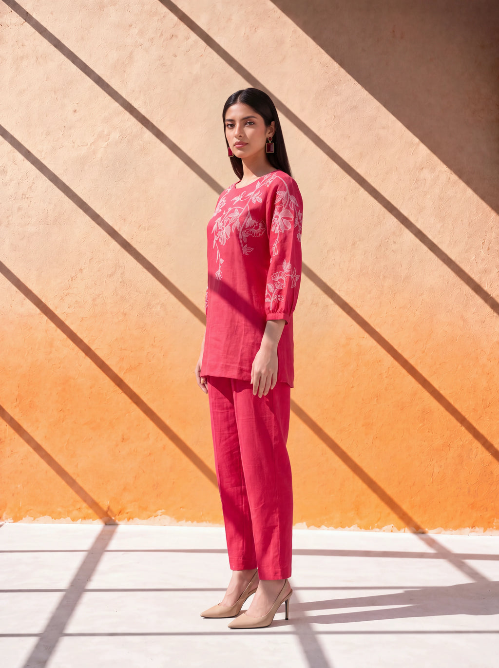 Tomato pure linen coordinate set with contrast floral machine embroidery