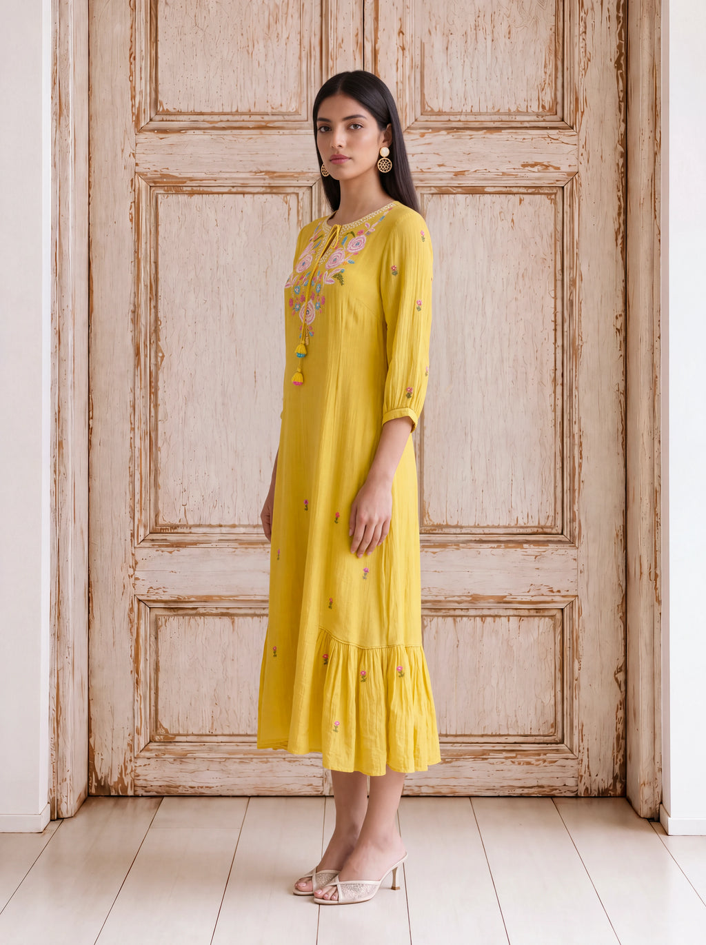 Yellow viscose machine-embroidered fusion dress