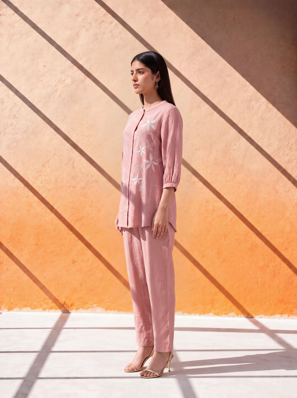 Peach gauze linen coordinate set with machine embroidery