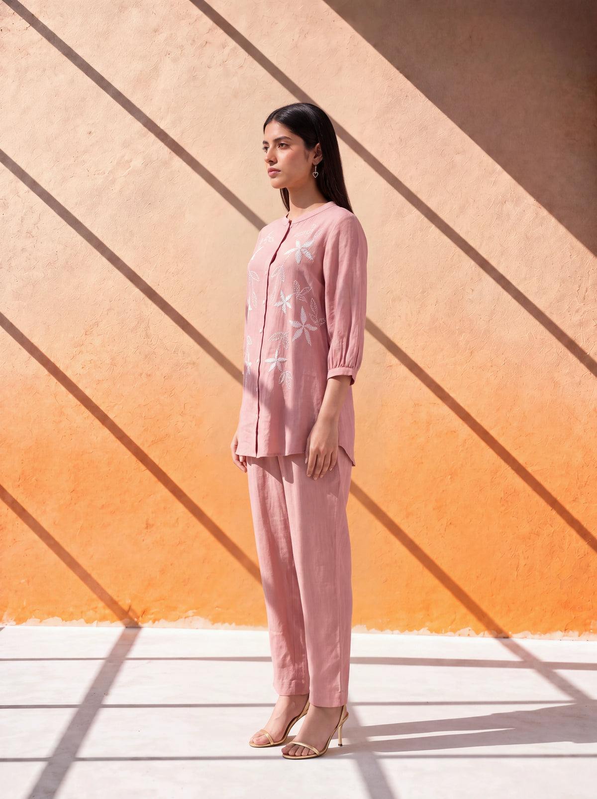 Peach gauze linen coordinate set with machine embroidery