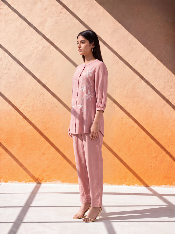Peach gauze linen coordinate set with machine embroidery