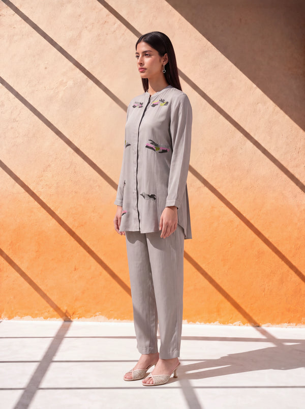 Grey modal coordinate set with multicoloured khat embroidery