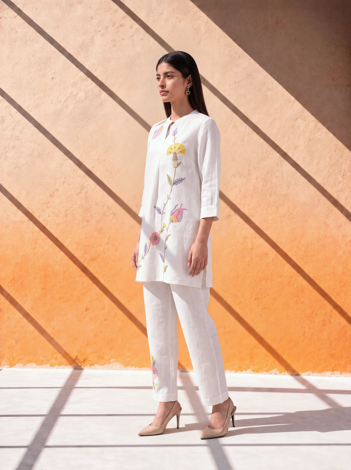 White linen coordinate set with floral machine and khat embroidery