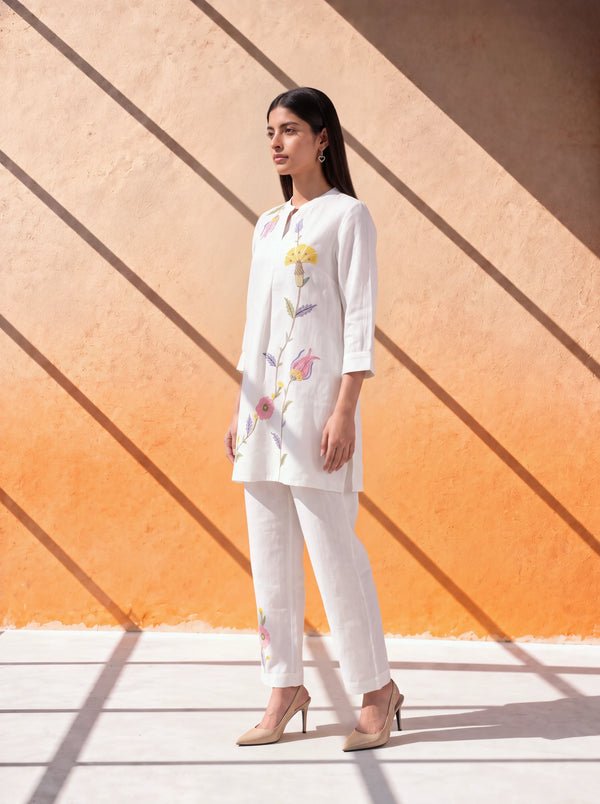 White linen coordinate set with floral machine and khat embroidery
