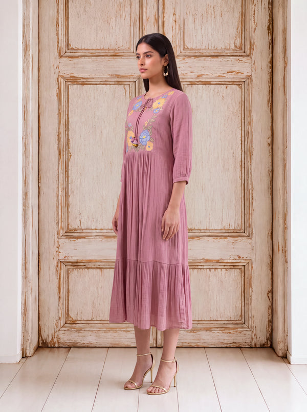 Peach viscose floral khat-embroidered tiered fusion dress