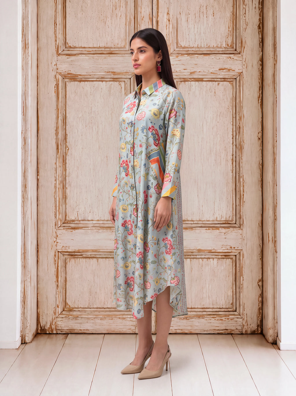 Powder blue chanderi khat embroidery dress